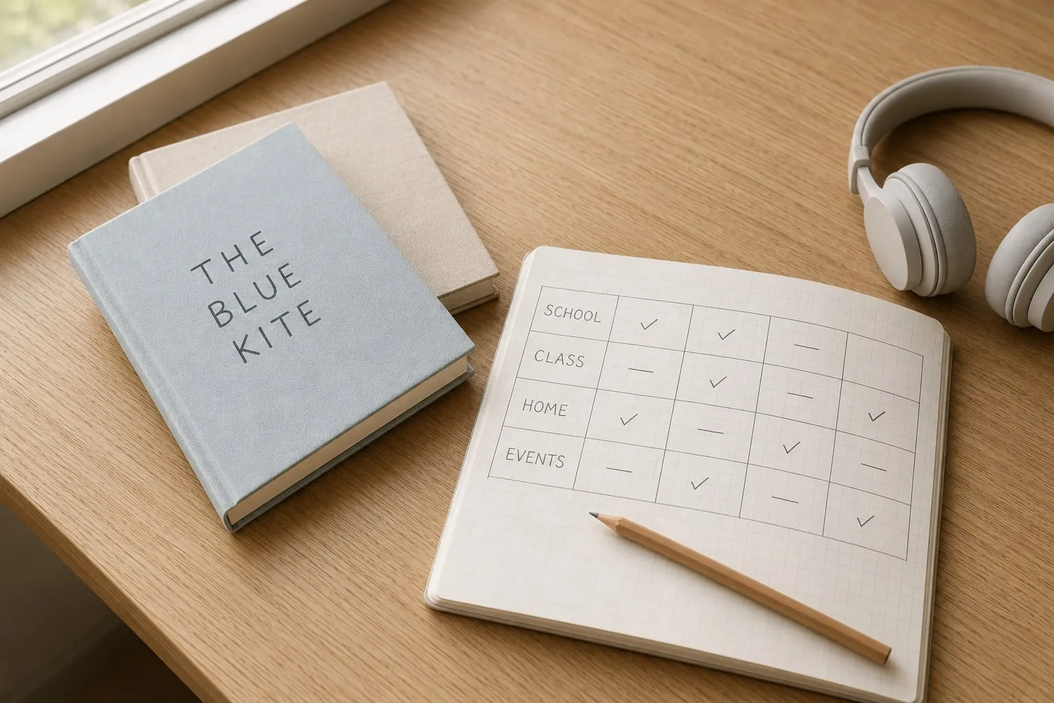 窓辺の木の机。無地の布装の本が重ねてあり、うち1冊の表紙に THE BLUE KITE と題名。方眼ノートが開かれ、手描きの表に SCHOOL、CLASS、HOME、EVENTS と行の見出しが並び、いくつかの欄にチェックや横棒が書き込まれ、空欄も残っている。鉛筆とヘッドホンが置かれている