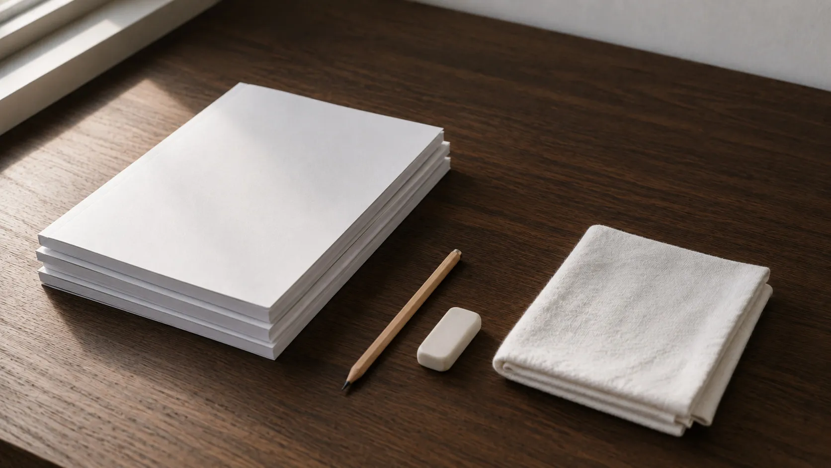 窓辺の濃い木の机に置かれた、表紙が無地の白い冊子の束と、削られた鉛筆、消しゴム、たたんだ白い布