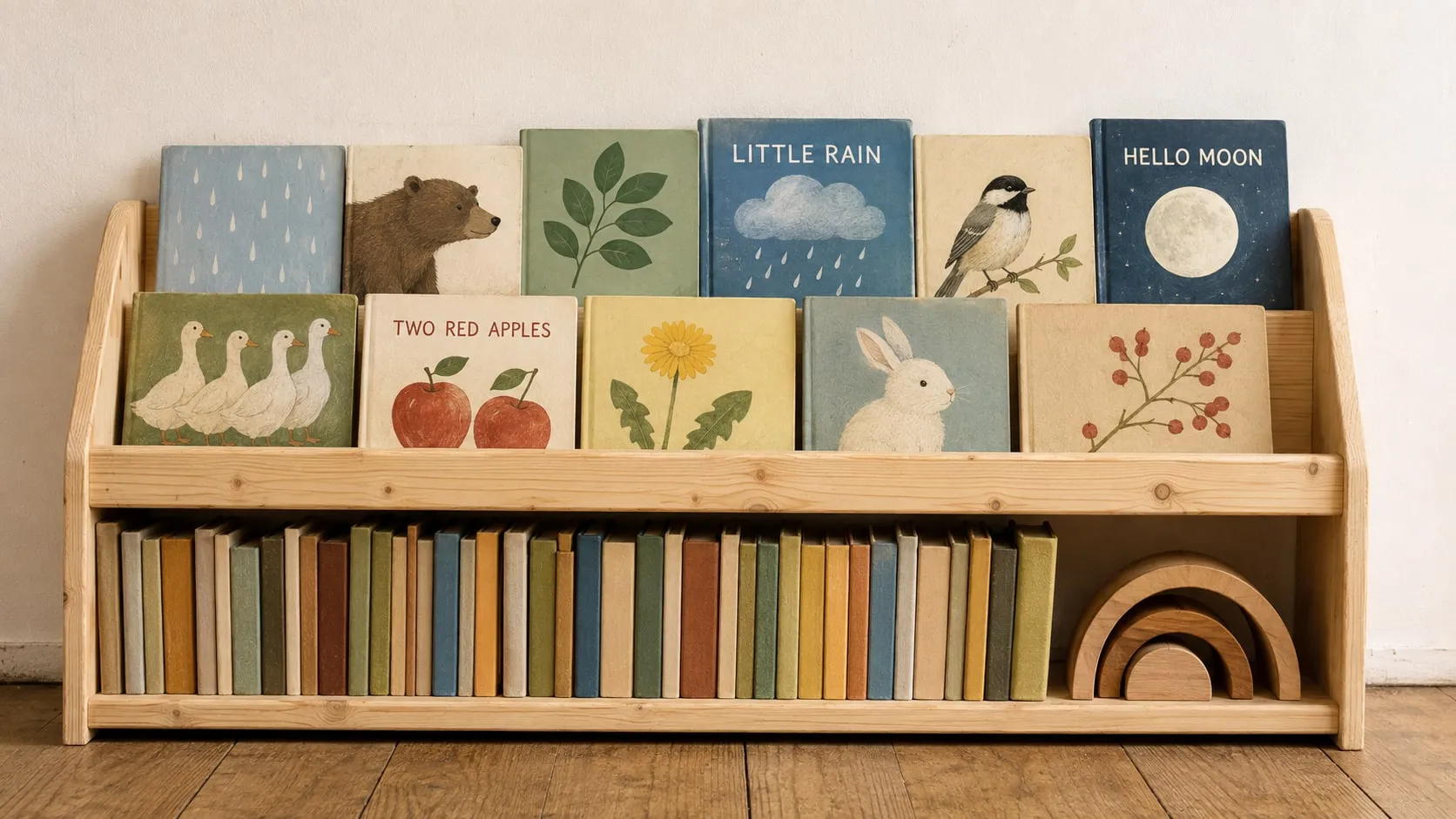前板つきの木の絵本棚。上段は表紙を手前に向けた絵本が隙間なく並び、雨、くま、葉、雲、小鳥、月、がちょう、りんご、たんぽぽ、うさぎ、木の実が描かれている。表紙のうち3冊に LITTLE RAIN、HELLO MOON、TWO RED APPLES と英語の題名。下段は背表紙を見せて立てた本と、木のアーチのおもちゃ